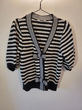 English Factory Short Sleeve Knit Striped Bow Cardigan In Black & White - Size M